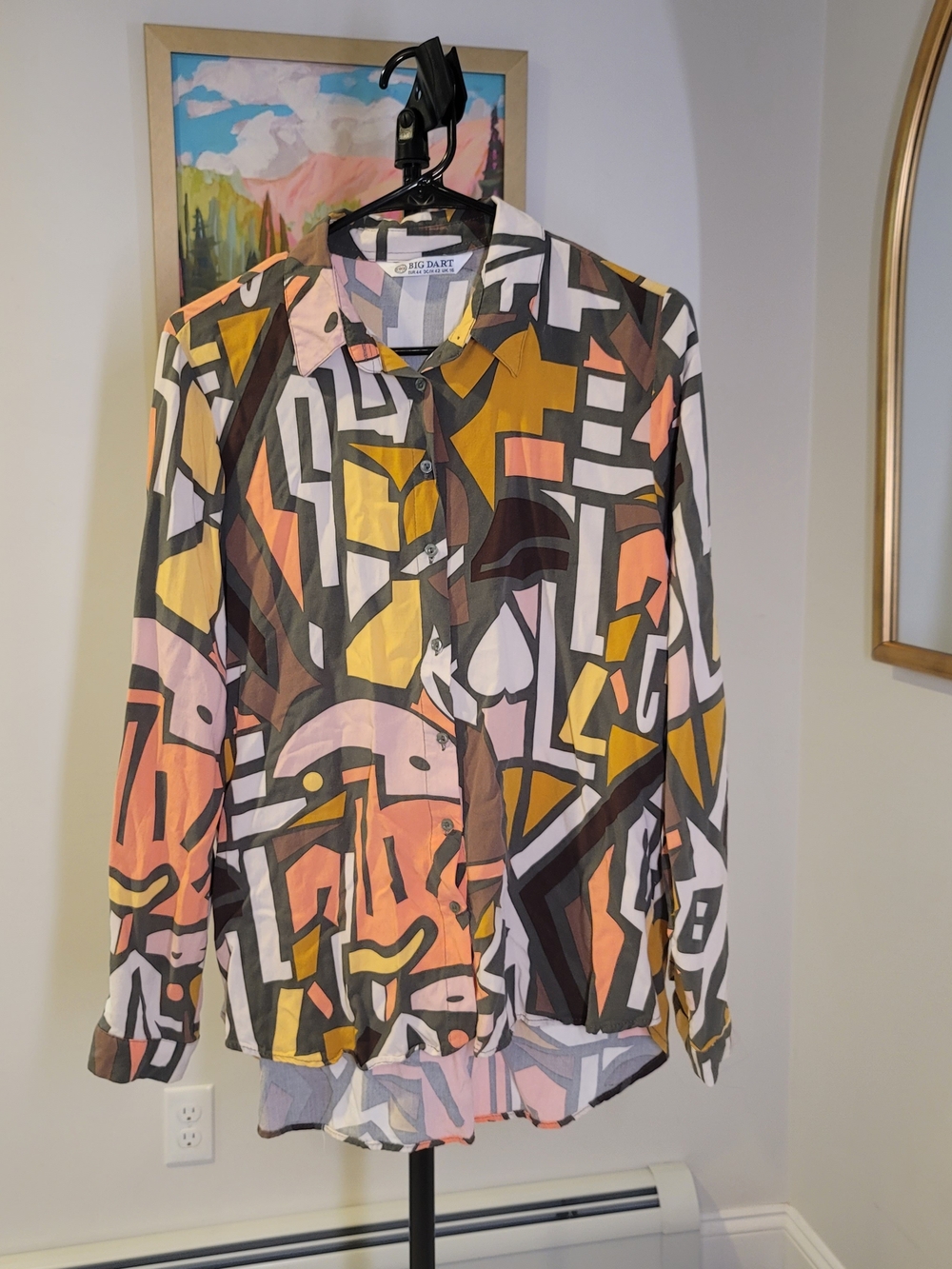 BIG DART Abstract Geometric Print Long Sleeve Button Up Shirt Yellow Peach Gray